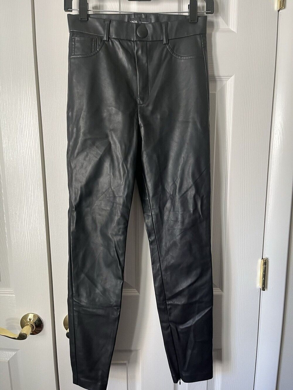 Zara Black Vegan Leather Pants Fleece Lined Skinny Ankle Zip Back Pleated 25